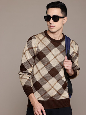 Roadster Checkered Round Neck Casual Men Brown Sweater