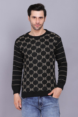 AXOLOTL Striped Round Neck Casual Men Black Sweater