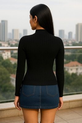 SKG Self Design High Neck Casual Women Black Sweater