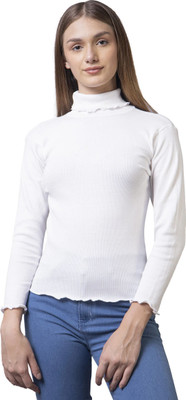 Mangeet Originals Solid High Neck Formal Women White Sweater