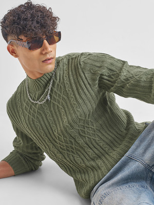 HIGHLANDER Solid High Neck Casual Men Green Sweater