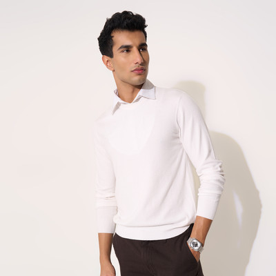 Peregrine by Pantaloons Self Design Collared Neck Casual Men White Sweater