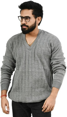 manra Self Design V Neck Casual Men Grey Sweater