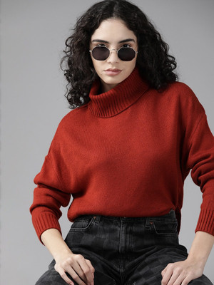 Roadster Striped Turtle Neck Casual Women Brown Sweater
