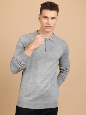 HIGHLANDER Solid Round Neck Casual Men Grey Sweater