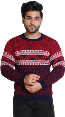 Grand Line Geometric Print Round Neck Casual Men Maroon Sweater