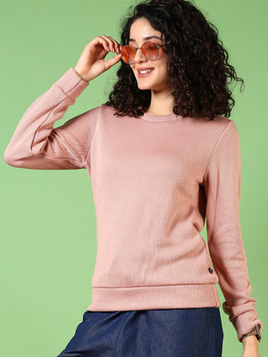 V-MART Solid Round Neck Casual Women Pink Sweater