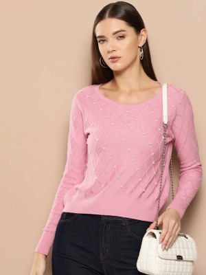 CHEMISTRY Checkered Round Neck Casual Women Pink Sweater