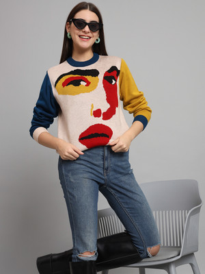 THE DRY STATE Woven Round Neck Casual Women Multicolor Sweater