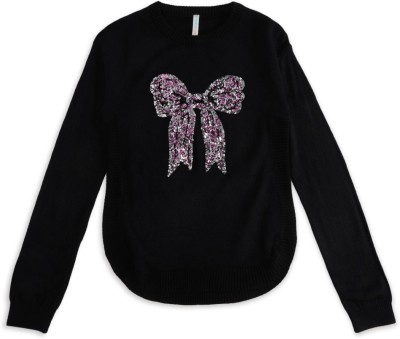 Pantaloons Junior Printed Round Neck Casual Girls Black Sweater