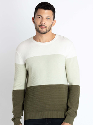 Status Quo Colorblock Round Neck Casual Men Green Sweater