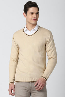PETER ENGLAND Solid V Neck Casual Men Beige Sweater