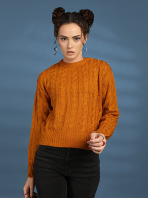 CHKOKKO Self Design Round Neck Casual Women Yellow Sweater