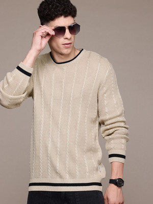 Roadster Self Design Round Neck Casual Men Beige Sweater