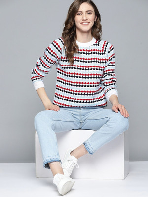 Mast & Harbour Woven Round Neck Casual Women Blue Sweater