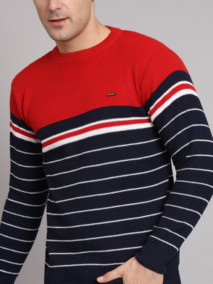 eWools Striped Round Neck Casual Men Red Sweater