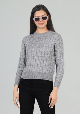 WOOLBERRY Self Design Round Neck Casual Women Grey Sweater