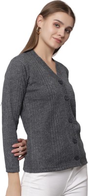 hifzaa Solid V Neck Casual Women Grey Sweater