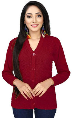 Shunit creation Solid V Neck Casual Women Maroon Sweater