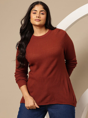 Sztori Solid Round Neck Casual Women Brown Sweater