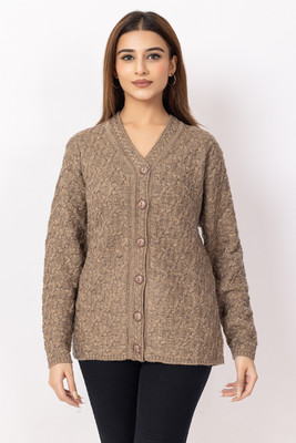 Dodge Self Design V Neck Casual Women Brown Sweater