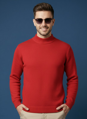 Sandpiper Solid Round Neck Casual Men Red Sweater