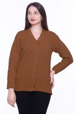 Keshavi Self Design V Neck Casual Women Brown Sweater