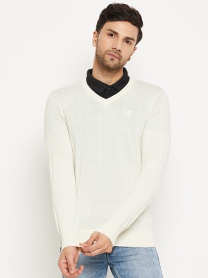 98 Degree North Solid V Neck Casual Men White Sweater