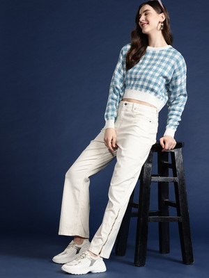 Mast & Harbour Self Design Round Neck Casual Women White Sweater