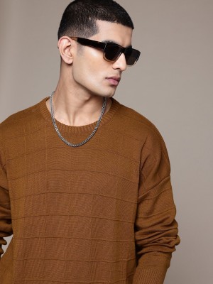 Roadster Self Design Round Neck Casual Men Brown Sweater