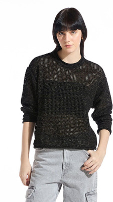 BEWAKOOF Self Design Round Neck Casual Women Black Sweater