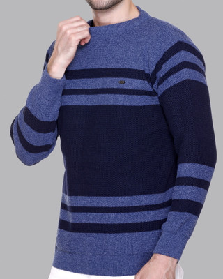eWools Striped Round Neck Casual Men Light Blue, Black Sweater