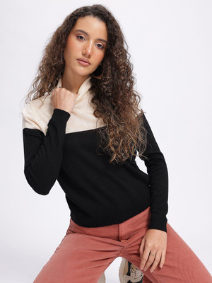 Glitchez Colorblock Turtle Neck Casual Women Black Sweater