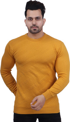 FEVERFEW Self Design Round Neck Casual Men Yellow Sweater