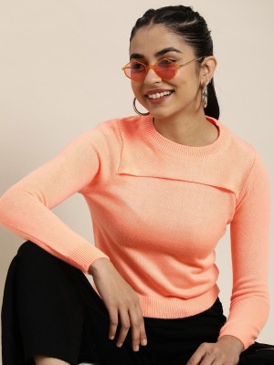 HERE&NOW Solid Round Neck Casual Women Orange Sweater