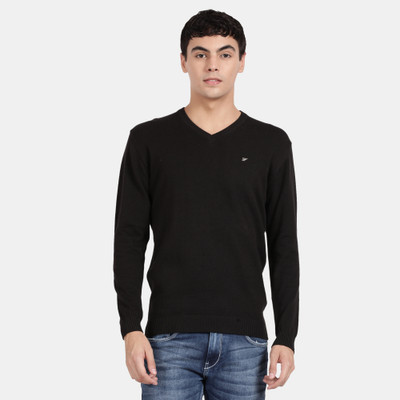 t-base Solid V Neck Casual Men Black Sweater