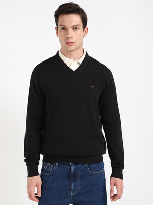 TOMMY HILFIGER Solid V Neck Casual Men Black Sweater