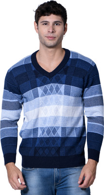 NICO WESLEY Printed V Neck Casual Men Blue Sweater