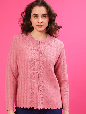 V-MART Self Design Mandarin Neck Casual Women Pink Sweater