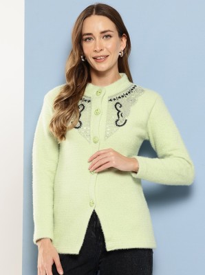 METRONAUT Embroidered Collared Neck Party Women Light Green Sweater