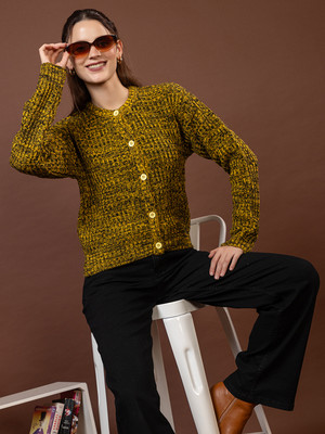 Mast & Harbour Self Design V Neck Casual Women Yellow Sweater