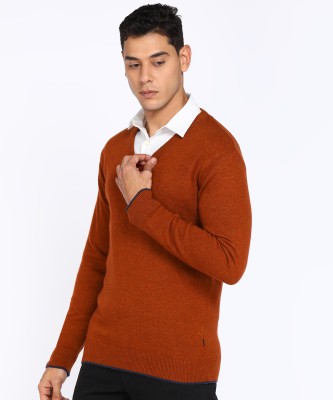 INDIAN TERRAIN Solid V Neck Casual Men Red Sweater