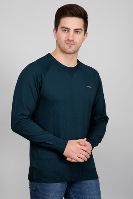 GODFREY Solid Round Neck Casual Men Dark Green Sweater