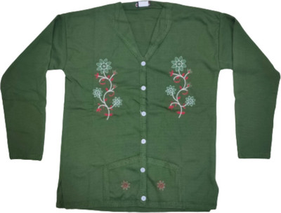 Woolen Blend Embroidered V Neck Casual Women Green Sweater