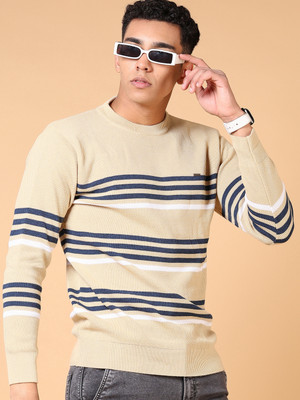 V-MART Striped Round Neck Casual Men Beige Sweater