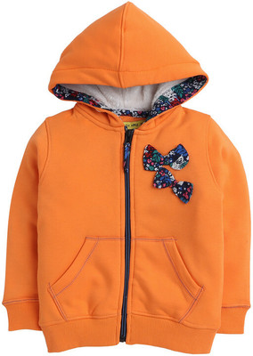 Yellow Apple Self Design Hooded Neck Casual Baby Girls Orange Sweater