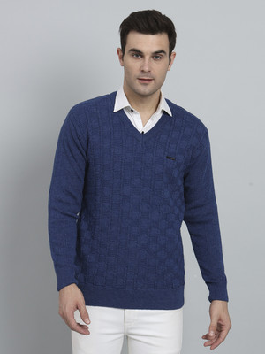 eWools Self Design V Neck Casual Men Blue Sweater