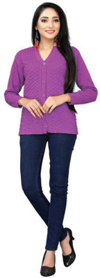 Shunit creation Self Design V Neck Lounge Wear Women Purple Sweater