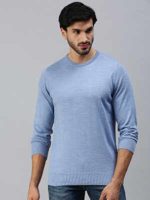 98 Degree North Solid Round Neck Casual Men Blue Sweater