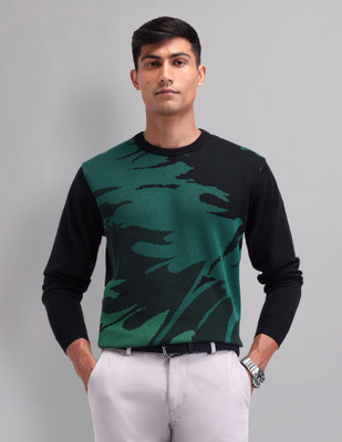 AD by Arvind Printed Round Neck Casual Men Black, Green Sweater
